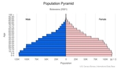 This is the population pyramid for Botswana. A population pyramid illustrates the age and sex structure of a country's population and may provide insights about political and social stability, as well as economic development. The population is distributed along the horizontal axis, with males shown on the left and females on the right. The male and female populations are broken down into 5-year age groups represented as horizontal bars along the vertical axis, with the youngest age groups at the bottom and the oldest at the top. The shape of the population pyramid gradually evolves over time based on fertility, mortality, and international migration trends. <br/><br/>For additional information, please see the entry for Population pyramid on the Definitions and Notes page.