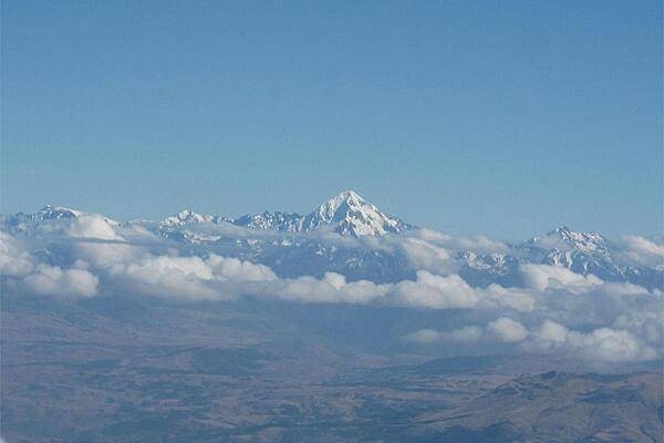 Aerial shot of snow-capped Andes Mountains between Lima and Cusco.