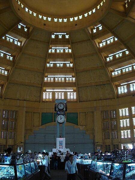 The Central Market (Phsar Thom Thmey) is an art deco landmark in Phnom Penh constructed in 1936-37; it underwent renovation between 2009-11 and is always packed with vendors.