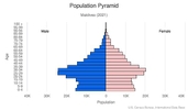 This is the population pyramid for Maldives. A population pyramid illustrates the age and sex structure of a country's population and may provide insights about political and social stability, as well as economic development. The population is distributed along the horizontal axis, with males shown on the left and females on the right. The male and female populations are broken down into 5-year age groups represented as horizontal bars along the vertical axis, with the youngest age groups at the bottom and the oldest at the top. The shape of the population pyramid gradually evolves over time based on fertility, mortality, and international migration trends. <br/><br/>For additional information, please see the entry for Population pyramid on the Definitions and Notes page.