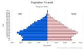 This is the population pyramid for Paraguay. A population pyramid illustrates the age and sex structure of a country's population and may provide insights about political and social stability, as well as economic development. The population is distributed along the horizontal axis, with males shown on the left and females on the right. The male and female populations are broken down into 5-year age groups represented as horizontal bars along the vertical axis, with the youngest age groups at the bottom and the oldest at the top. The shape of the population pyramid gradually evolves over time based on fertility, mortality, and international migration trends. <br/><br/>For additional information, please see the entry for Population pyramid on the Definitions and Notes page.