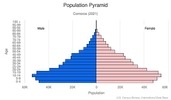 This is the population pyramid for Comoros. A population pyramid illustrates the age and sex structure of a country's population and may provide insights about political and social stability, as well as economic development. The population is distributed along the horizontal axis, with males shown on the left and females on the right. The male and female populations are broken down into 5-year age groups represented as horizontal bars along the vertical axis, with the youngest age groups at the bottom and the oldest at the top. The shape of the population pyramid gradually evolves over time based on fertility, mortality, and international migration trends. <br/><br/>For additional information, please see the entry for Population pyramid on the Definitions and Notes page.