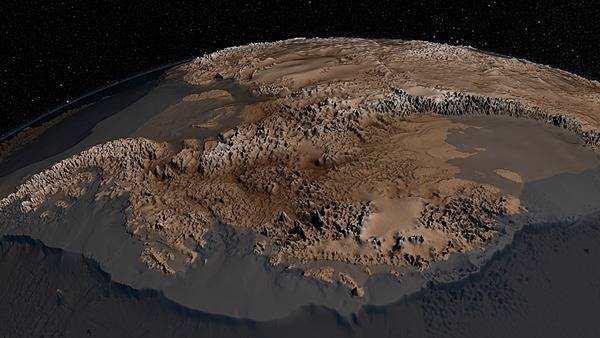 The topography of the bedrock under the Antarctic ice sheet is critical to understanding the dynamic motion of the ice sheet, its thickness, and its influence on the surrounding ocean and global climate. In 2013, the British Antarctic Survey released an updated map of the bed under the Antarctic Ice Sheet and the seabed extending out on to the continental shelf. Called BEDMAP2, it incorporated 25 million measurements taken over the previous two decades from the ground, air, and space. This image shows part of the new BEDMAP2 dataset, which presents the Antarctic surface in unprecedented detail. This view from the west shows the Antarctic Peninsula on the left, Ellsworth Land and Marie Byrd Land in the foreground, with the Transantarctic mountains behind. Image courtesy of NASA.