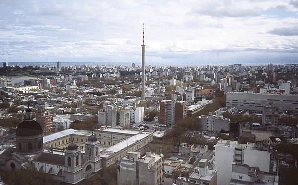Aerial view of Montevideo showing the Sacred Heart Church in the left foreground. The adjoining building was originally a seminary but today is a school.