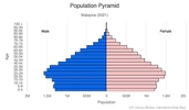 This is the population pyramid for Malaysia. A population pyramid illustrates the age and sex structure of a country's population and may provide insights about political and social stability, as well as economic development. The population is distributed along the horizontal axis, with males shown on the left and females on the right. The male and female populations are broken down into 5-year age groups represented as horizontal bars along the vertical axis, with the youngest age groups at the bottom and the oldest at the top. The shape of the population pyramid gradually evolves over time based on fertility, mortality, and international migration trends. <br/><br/>For additional information, please see the entry for Population pyramid on the Definitions and Notes page.