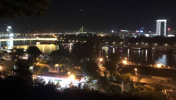 A view of Belgrade at night showing the Danube River. Belgrade is the only European capital that lies at the confluence of two huge rivers – the Sava and Danube.