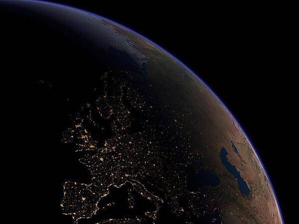 This fantasy image of Europe at night is a digital composite of archived satellite images taken both during the day and night. The view is different from what an astronaut would see for reasons including a complete lack of clouds and an unrealistic exaggeration of lights and contrasts. Even so, the geography underlying the image is captivating. Image courtesy of NASA.