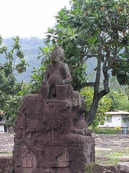 Elaborate stone tiki on Nuku Hiva Island in the Iles Marquesas archipelago.