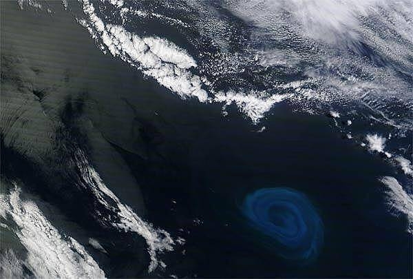 The blue-colored swirl at the bottom right of this satellite image is an ocean eddy - a huge mass of water spinning in a whirlpool pattern. Eddies often spin off of major ocean current systems. The blue tint is a result of microscopic plant-like organisms called plankton, which grow as a result of the eddy stirring up nutrients from the deep to the surface. This image is from 26 December 2011 around 800 km (500 mi) south of South Africa. Image courtesy of NASA.