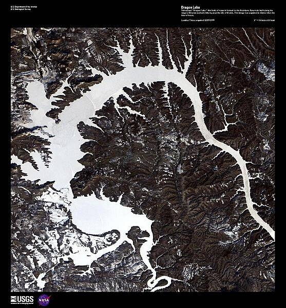 Nicknamed &quot;Dragon Lake,&quot; this body of water is formed by the Bratskove Reservoir, built along the Angara River in southern Siberia, near the city of Bratsk. At its inauguration in 1967, the Reservoir was the largest artificial lake in the world with a surface area of 5,470 sq km (2,110 sq mi). This high-resolution satellite image was acquired in winter, when the lake was frozen. Image courtesy of USGS.