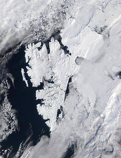 Satellite image shows the island of Svalbard, which is part of Norway, and is located east of Greenland and north of Norway. Photo courtesy of NASA.