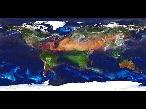 High-resolution global atmospheric modeling run on the Discover supercomputer at the NASA Center for Climate Simulation at Goddard Space Flight Center, Greenbelt, Md., provides a unique tool to study the role of weather in Earth's climate system. The Goddard Earth Observing System Model, Version 5 (GEOS-5) is capable of simulating worldwide weather at resolutions of 10 to 3.5 km (6 to 2 mi). This portrait of global aerosols was produced by a GEOS-5 simulation at a 10-km resolution. Dust (red) is lifted from the surface, sea salt (blue) swirls inside cyclones, smoke (green) rises from fires, and sulfate particles (white) stream from volcanoes and fossil fuel emissions. Image courtesy of NASA.