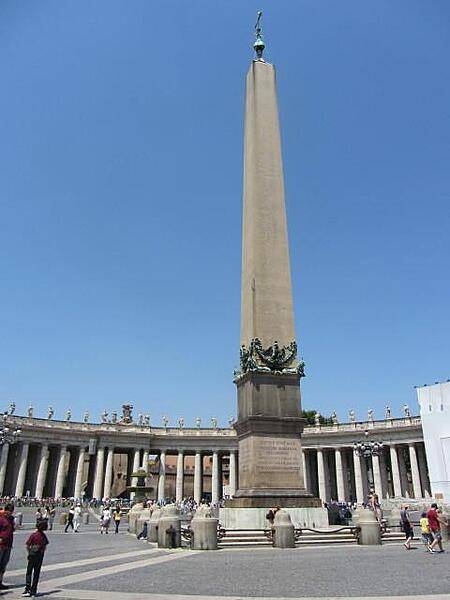 An Egyptian obelisk in Saint Peter's Square in Rome. Composed of red granite, the obelisk is 25.5 m tall (41 m to top of cross). It was transferred to Rome by the Emperor Caligula in A.D. 37, and moved to its current location at the direction of Pope Sixtus V in 1586. It is the only Egyptian obelisk in Rome never to have fallen.