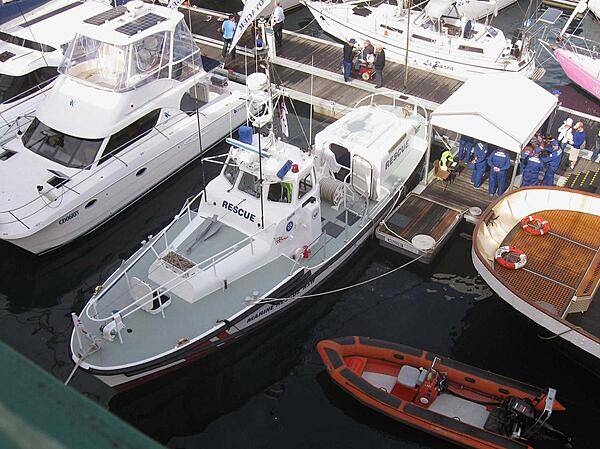 Rescue boat docked in Darling Harbour, Sydney.