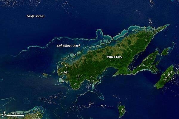 This satellite image shows Fiji&apos;s second-largest island, Vanua Levu, and the Cakaulevu Reef that shelters the island&apos;s northern shore. Also called the Great Sea Reef, Cakaulevu shines turquoise through clear, shallow waters. It is the third longest continuous barrier reef in the world, behind the Great Barrier Reef in Australia and the Mesoamerica Reef off Central America. When combined with the nearby Pascoe Reef, Cakaulevu Reef is about 200 km (120 mi) long. On its own, the Cakaulevu Reef covers 202,700 sq km (77,200 sq mi).

The first systematic survey of the reef (in 2004) revealed a diverse marine population, including unique mangrove ecosystems and endemic fish. Twelve threatened species live within the reef: 10 fish species, the green turtle, and the spinner dolphin. All of this marine life has traditionally supported the native population, and currently some 70,000 people depend on the reef. After seeing fish populations decline in recent decades, local leaders created a series of marine protected areas in 2005 where fishing is prohibited. Where the ban has been enforced, fish populations have rebounded and spilled over into areas where fishing is permitted. Photo courtesy of NASA.