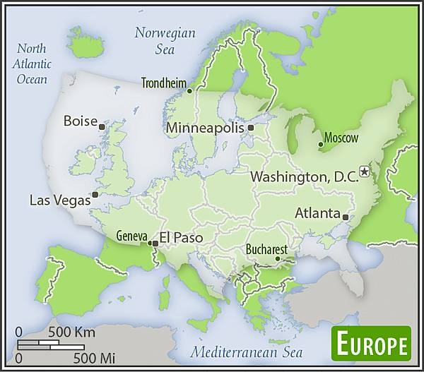 Europe-US area comparison map