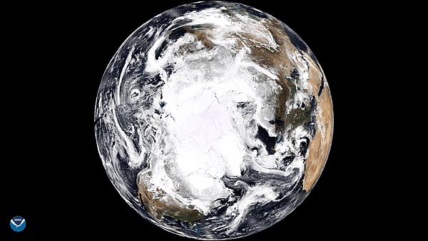 A magnificent satellite view of the Earth's North Pole and the entire Arctic region as seen on 22 April 2018 (Earth Day). The outline of the North American continent is visible at the bottom of the Earth's disk, while the Sahara Desert and northern Africa appear on the right-hand side. Photo courtesy of NOAA National Environmental Satellite, Data, and Information Service (NESDIS).