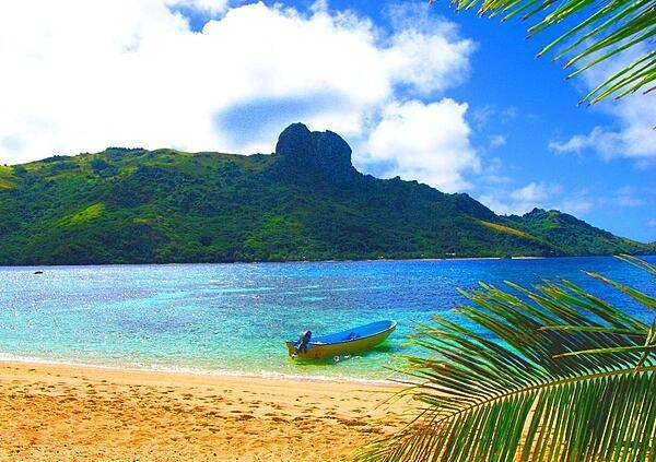 A beach on the island of Kuata, the smallest of the Yasawa Islands Group. Tourism is of growing importance to the island&apos;s economy; its deep lagoon is excellent for swimming and snorkeling.