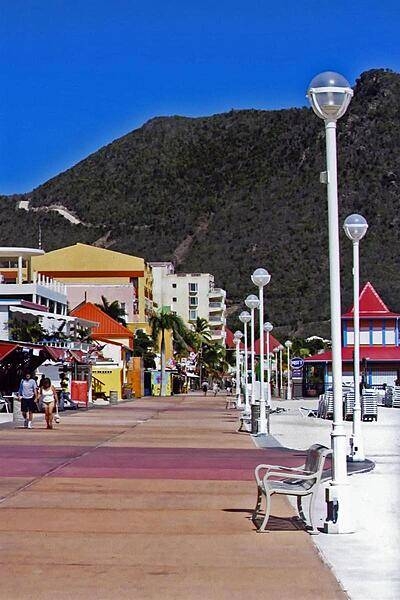 A wide pedestrian avenue in Philipsburg, the capital of Sint Maarten.