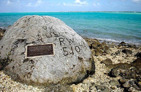 Wake Island memorial to 98 civilian contractors killed by Japanese soldiers during their occupation of the island in World War II. Photo courtesy of the US Air Force.