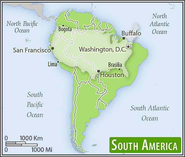 South America-US area comparison map