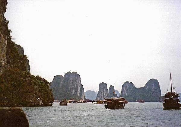 Ha Long Bay includes a dense cluster of roughly 2,000, generally small limestone isles of various shapes and sizes, each covered with thick jungle vegetation. Several of the islands are hollow, with enormous caves.