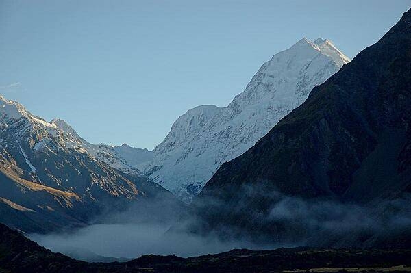 Aoraki/Mount Cook, the tallest mountain in New Zealand, in Aoraki/Mount Cook National Park, South Island.