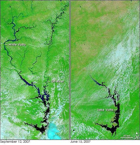 Two satellite images encompassing most of Ghana reveal extensive flooding. The view on the left taken on 12 September 2007 shows river systems throughout the length and breadth of the small country swollen compared to conditions in June (right) before the rainy season started. The most flooded rivers are the White Volta and its tributaries. The Oti River, which flows into Lake Volta from the northeast, is also running high. In both images clouds blanket parts of the scene. The clouds are pale blue and white in these false-color images that combine both visible and infrared light. Water is black and dark blue, and plant-covered land is green. Bare earth or lightly vegetated land is tan. Photos courtesy of NASA.