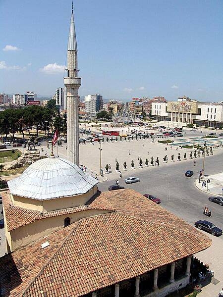 Skanderbeg Square in the center of Tirana as viewed from the city&apos;s clock tower.