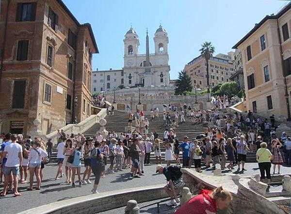 The Spanish Steps in the Plaza di Spagna in Rome. The steps were built with a legacy from France in 1725 and lead to a French church, Trinita del Monti.