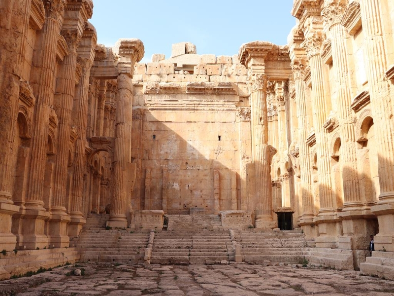 Located in Baalbek in Lebanon’s Bekaa Valley, the Temple of Baachus is part of the Baalbek temple complex that also includes the Temple of Jupiter.  While the Temple of Baachus is slightly smaller than the Temple of Jupiter, it is one of the best preserved and grandest of the Roman temple ruins.  Baalbek became a UNESCO World Heritage site in 1984. Details of the temple’s construction - who commissioned or designed it, or exactly when it was constructed - are unknown. Work likely began around 16 B.C. and was nearly complete by about A.D. 60. This is a view from inside the temple.