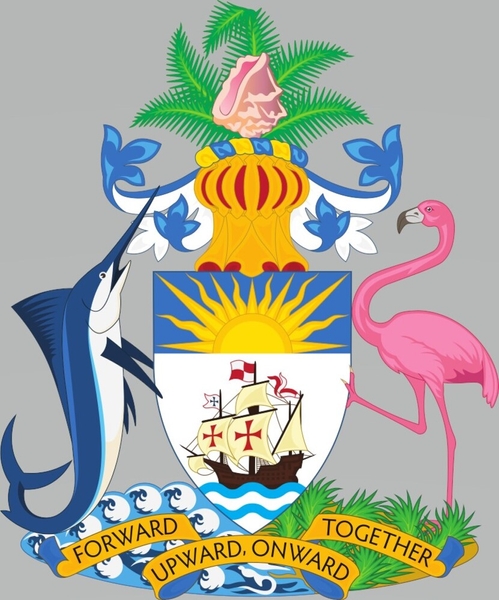 The motto on the Bahamas coat of arms is “Forward, Upward, Onward Together.” The rest of the coat of arms shows several items indigenous to the country: The flamingo and marlin supporting the shield are the national animals that represent respectively the land and sea; the pink conch shell symbolizes the marine life of the islands; and the green palm fronds represent the natural vegetation. The Santa Maria, Christopher Columbus’s flagship, also appears on the shield, and the sun signifies the world-famous resort climate and the bright future of the islands.