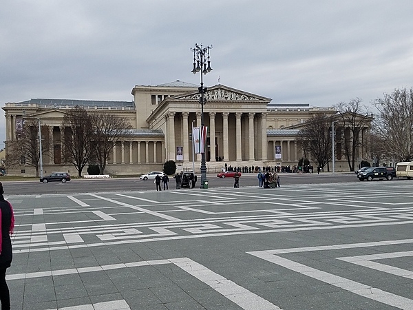 The Museum of Fine Arts in Budapest, Hungary, is situated to the left of the Millennium Monument.
