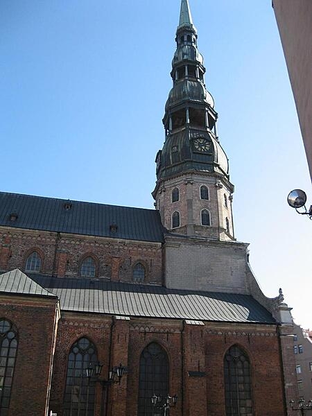 Saint Peter's Church in Riga, Latvia, was built in 1209 and enlarged in the 15th century. Its current tower was completed in 1746 and restored in 1973 when an elevator was installed.
