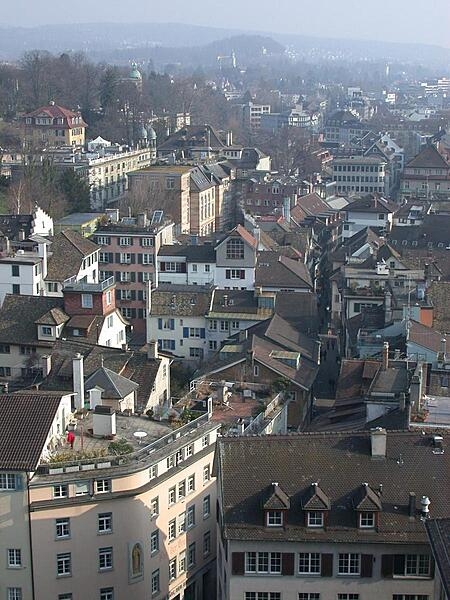 Aerial view of Zürich, the largest city in Switzerland and the capital of Zürich canton. The city lies at the northwestern tip of Lake Zürich and hosts the headquarters of many financial institutions and banking companies.