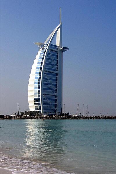 The Burj-al-Arab Hotel in Dubai is one of the world&apos;s tallest hotels. Its distinctive shape is meant to mimic an Arab dhow (sailing vessel).