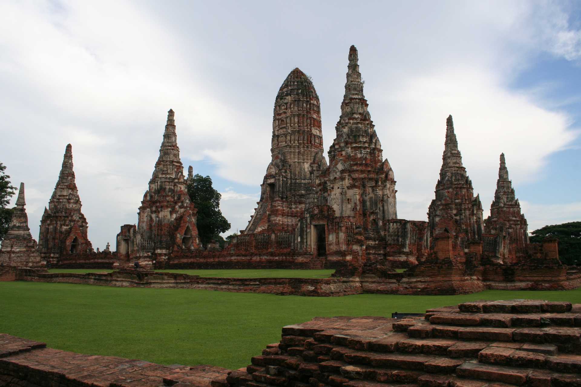 Temple complex in Ayutthaya, Thailand. The city is on an island surrounded by three rivers connecting it to the sea.