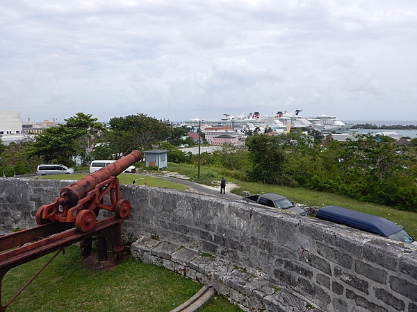 View from Fort Fincastle out to Nassau Harbor - filled with cruise ships.