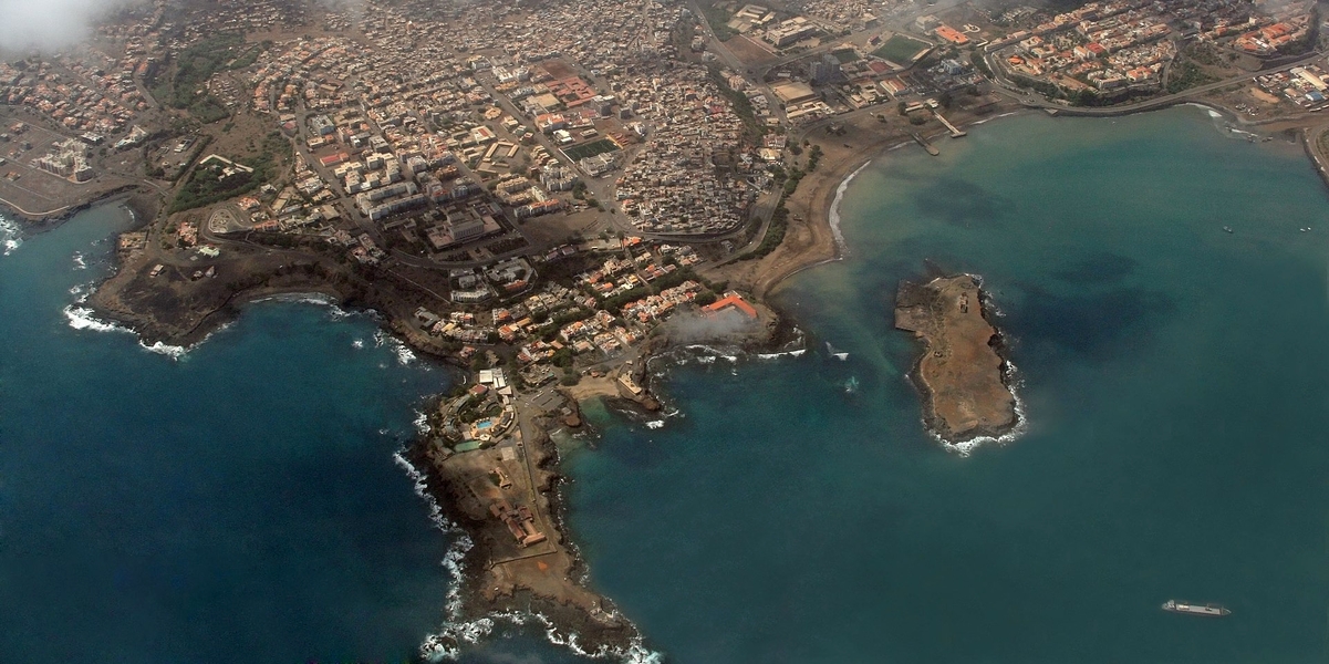 A view of Praia, the capital of Cabo Verde, from the air. The city is located on the southern coast of Sao Tiago Island, the largest of the Cabo Verde islands, its most important agricultural center, and home to more than half the nation's population.