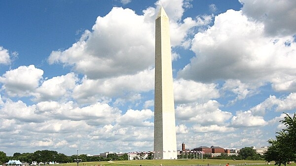 The Washington Monument in Washington, D.C., is 169 m (555 ft) tall. A difference in the shading of the marble at approximately 48 m (150 ft) shows where construction was halted and later resumed with marble from a different source. Photo courtesy of the National Park Service.