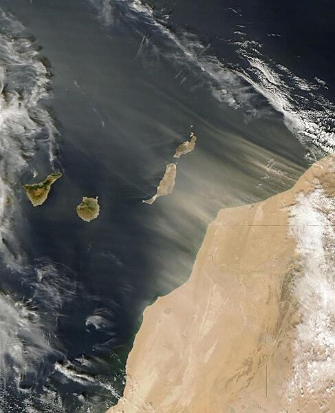 Saharan dust blowing off the west coast of Africa and over the Canary Islands (a Spanish archipelago) on 11 November 2006. The horizontal line is the border between Morocco (to the north) and Western Sahara. The plumes of dust are more distinct off the coast of the former than the latter. The fine particles blow to the northwest, and although the islands of Tenerife and Gran Canaria appear unaffected, the neighboring islands of Fuerteventura and Lanzarote are receiving a strong dusting. Click on photo for higher resolution. Image courtesy of NASA.