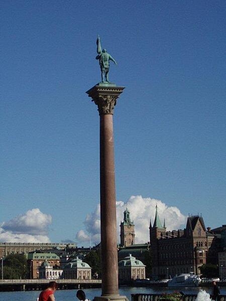 A pillar near Stockholm City Hall bears the figure of Englbrekt Engelbrektson, leader of a 1434 rebellion for Swedish independence from Denmark.