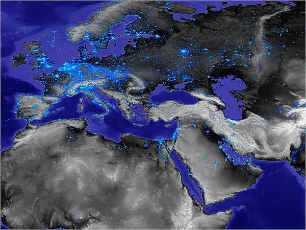 European &quot;urban sprawl&quot; is dramatically visualized in this nighttime image of city lights superimposed on terrain photography. Image courtesy of NASA GSFC Scientific Visualization Studio.