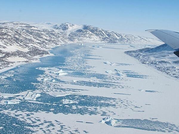Frozen fjord along northeast coast of Greenland as seen from a P-3 aircraft on 14 May 2012. Credit: NASA/Jim Yungel.