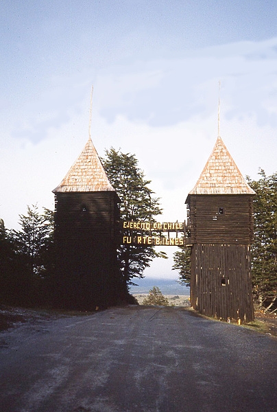 The entrance to Fuerte Bulnes, a Chilean fort located by the Strait of Magellan, 62 km (38 mi) south of Punta Arenas. The fort was originally built in 1843 to encourage colonization in Southern Chile, protect the Strait of Magellan, and ward off claims by other nations. Harsh weather prevented large-scale settlement and in 1848 the government founded Punta Arenas to the north; the fort was abandoned and burned. Between 1941 and 1943, it was reconstructed and in 1968 became a national monument.