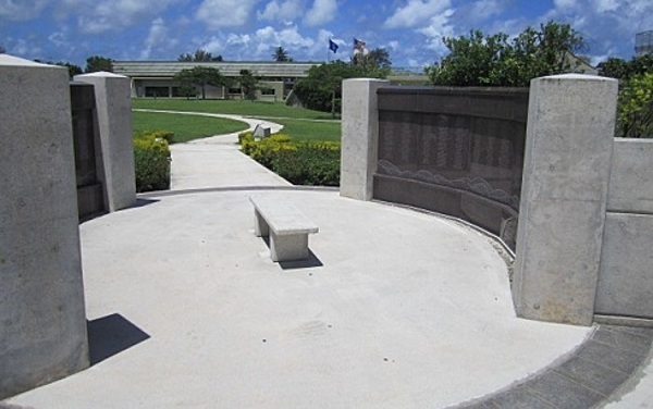 Marianas Memorial at the American Memorial Park in the Northern Mariana Islands. Ten granite panels are inscribed with 929 names of Chamorros and Carolinians who died during World War II. Photo courtesy of the US National Park Service.