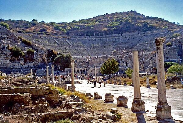 Seating estimates for the Great Roman Theater in Ephesus vary between 25,000 and 44,000. Regardless of actual capacity, the theater was in continuous use until the 5th century A.D. According to tradition, Saint Paul preached against paganism at this site. Today, partially restored, it is used for an annual festival of culture and art.