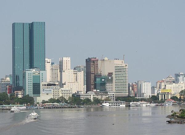 View of Ho Chi Minh City (aka Saigon) from the Saigon River in Vietnam. The city is Vietnam's major port and largest city.