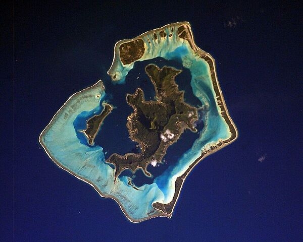 A direct overhead view of Bora Bora from the International Space Station. Image courtesy of NASA.