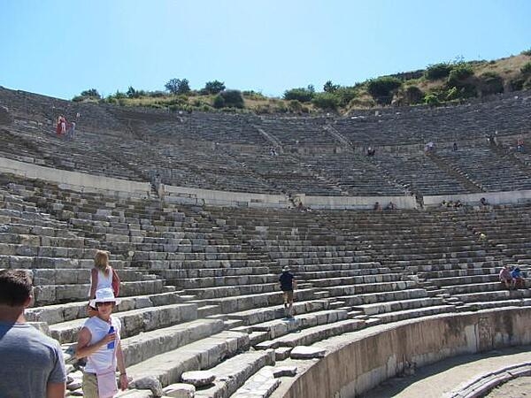 The Great Theater in Ephesus was based on an original Greek structure. In the Roman period, it was expanded under the reigns of Domitian (A.D. 81 to 96) and Trajan (98 to 117). One estimate gives the theater&apos;s capacity as 44,000 spectators and as such it would have been the largest in the ancient world. While generally used for theatrical performances and public assemblies, it was also used for gladiatorial contests in the later imperial period.